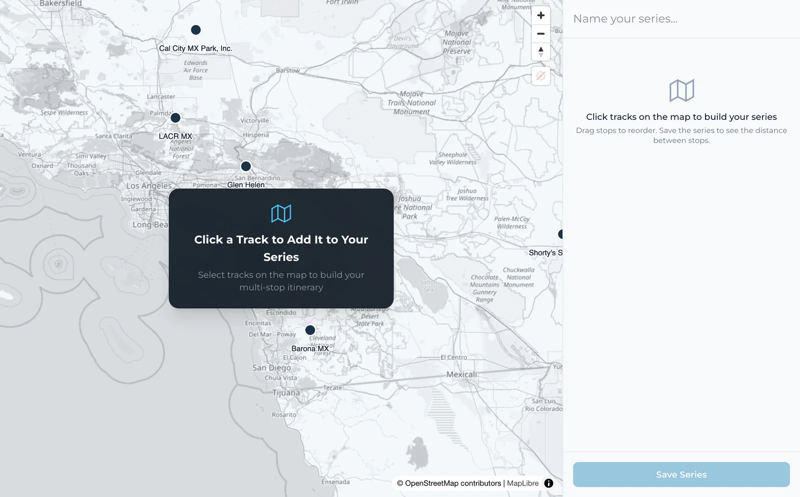 The Series Planner map zoomed into Southern California, with tracks as dots and a prompt to click a track.